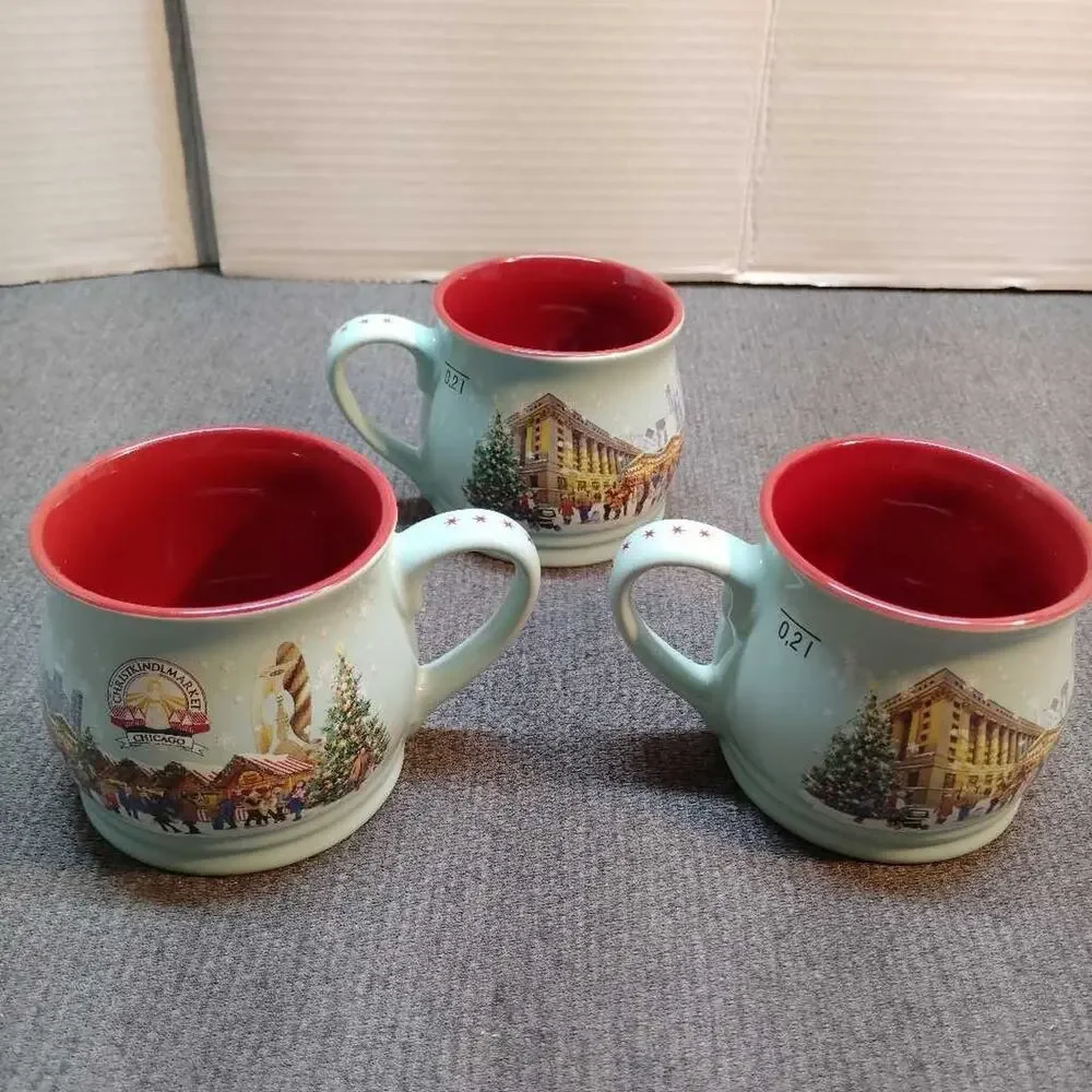 Christmas Market Mugs Set of 3 Chicago 0.2L Ceramic Red Interior Germany